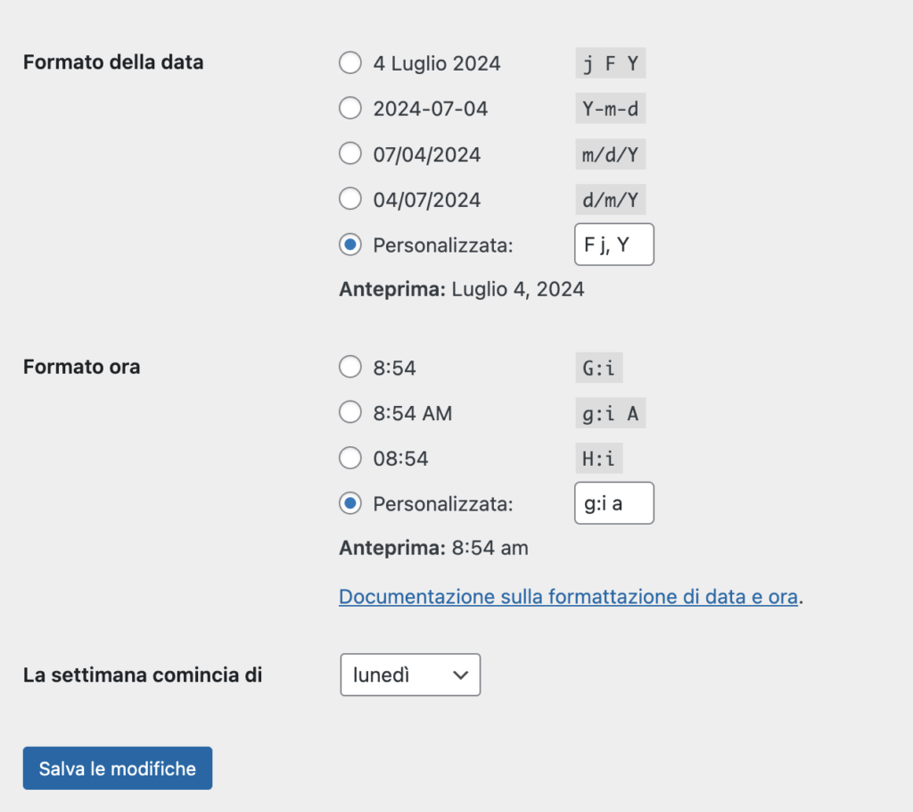 impostazioni generali wordpress